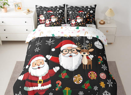 Erosebridal Black Christmas Twin 7 Piece Comforter Set Elk Santa Claus Bed in A Bag with Sheet Set Christmas Snowflake Pine Tree Leaves Bedding Set Winter Xmas Holiday Bed Set for Kids Boys Adults