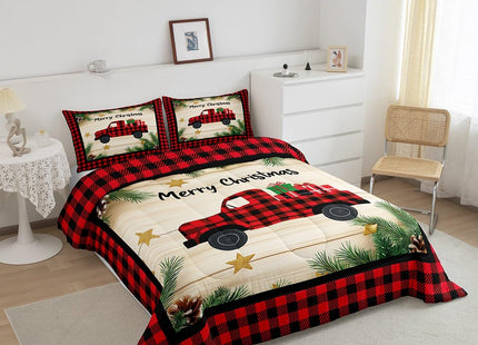 Kids Christmas Car Comforter Set Xmas Rustic Plaid Truck Bedding Set Twin,Christmas Red Black Buffalo Plaid Check Bedding Comforter Sets Farmhouse Pine Tree Leaf Quilt Duvet With 1 Pillow Case