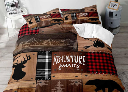 LUVIVIHOME 2PCS Cabin Rustic Bedding, Twin Duvet Cover, Black Bear Deer Woodland Animals Wildlife Hunting Lodge Quilt Brown Patchwork Red Plaid Comforter Cover, Country Farmhouse Bedding, 1 Pillowcase