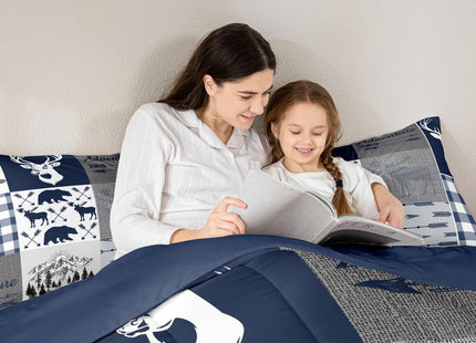 Erosebridal Camping Down Comforter for Kids, Deer Bear Comforter Set Queen Size Rustic Buffalo Plaid Patchwork Bedding Set for Teens Adult Bedroom, Lodge Woodland Wildlife Duvet Sets, Grey Blue