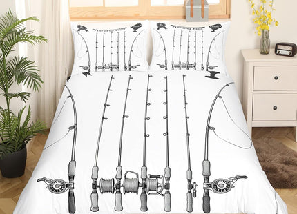 Erosebridal Fishhook Duvet Cover Set Full Size Fishing Bedding Set Fish Hook Equipment Pattern Comforter Set,Boys Modern Quilt Cover for Girls Teen Adult Luxury Microfiber Bed Decorative White Gray