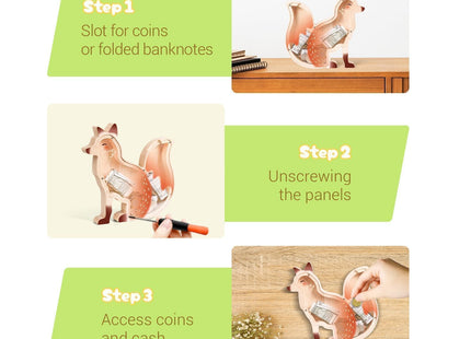 Uniwooder Wooden Fox Piggy Bank for Kids, Fox Money Bank for Boys Girls