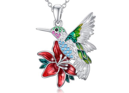 PEIMKO Hummingbird Necklace Enamel Hummingbird Pendant Necklace Sterling Silver Cute Aniamal Bird Necklace with Flower Bird Pendant for Women