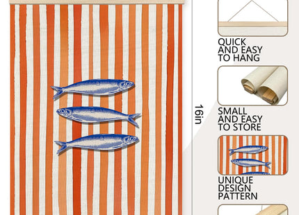 Foritho Trendy Sardine Fish Kitchen Poster Wall Art Framed, Beach House Decor, Orange and White Striped Fish Nautical Canvas Prints Wall Decor for Home Kitchen Dining Room, 12x16 Inch