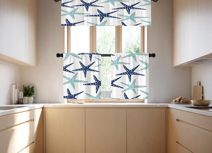 BaoNews Nautical Navy Blue Coastal Blackout Tier Curtains, Navy Blue Coastal Nautical Starfish Repeat Pattern Half Window Drapes for Kitchen with Rod Pocket,Room Darkening 2 Pack 26X24 Inches