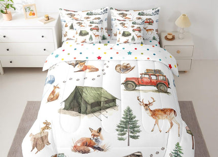 Erosebridal Wild Animal 7 Piece Bed in A Bag Queen Happy Camping Comforter Set Fox Deer Wildlife Woodland Animals Bedding Sets for Boys Girls Camper Car Western Cowboy Sheet Set with Comforter