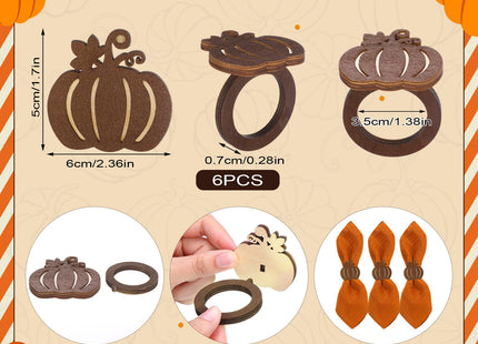 Roshtia 6 Pcs Wooden Fall Napkin Rings Thanksgiving, Pumpkin