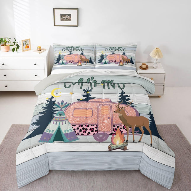 Erosebridal Farmhouse Bedding Sets Full Let's Go Camping Comforter Set for Kids, Glitter Camper Duvet Insert Vintage Stripe Quilt Comforter, Jungle Pine Tree Silhouette Bedding Comforters & Sets 3pcs