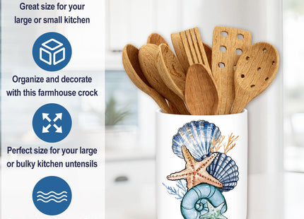 JarThenaAMCS Summer Coastal Ceramic Utensil Holder Ocean Starfish Seashell Utensil Crock for Beach Home Kitchen Countertop Storage Organizer Container