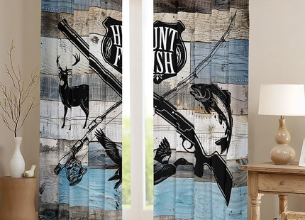 Castle Fairy Hunt Fish Window Curtains,Deer Bird Fish Animal Hunting Kitchen Window Treatments,Rustic Retro Wooden Board Decor Blackout Window Drapes for Bedroom Living Room, 2 Panels, 52Wx84L inch