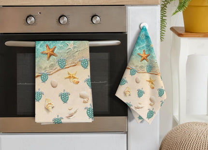 Pintukee Sea Turtles Beach Kitchen Towels Decorative Set of 2 Teal Nautical Coastal Hand Towels for Kitchen Bathroom Bar Absorbent Dish Clothes Summer Ocean Themed Holiday Decor 16x24 Inch