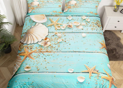 Homewish Seashell Starfish Duvet Cover Set Twin Size,Wood Stripes Bedding Set 2pcs for Kids Teens Girls Boys Room Decor, Beach Hawaiian Style Comforter Cover Summer Teal Quilt Cover with 1 Pillowcase