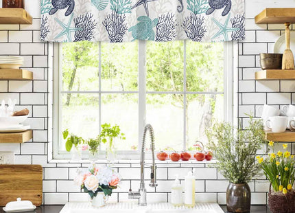 RisQiten Teal Blue Coastal Valances for Windows, Summer Beach Kitchen Curtains Window Treatment Nautical Decor, Sea Turtle Coral Ocean Rod Pocket Short Window Valances for Living Room/Bedroom, 54"x18"