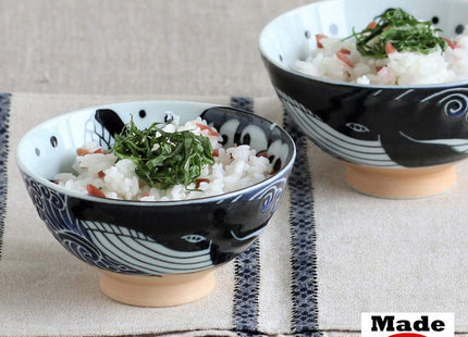 Minoru Touki White Wave Whale Blue Ceramic Rice Bowl Small φ4.72×H2.4in 5.64oz Made in Japan