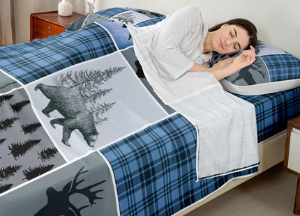 Rustic Farmhouse Sheet Set Queen, Retro Cabin Lodge Fitted Sheet Country Bear Deer Bed Sheets For Kids Teens Adult Men, Hunting Wild Animal Plaid Checkered Flat Sheet 4Pcs With 2 Pillow Cases,Blue