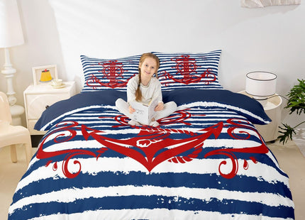 Anchor Comforter Cover Queen Size Nautical Compass Duvet Cover For Kids Boys Girls Teens, Geometric Stripes Bedding Set Ocean Sailboat Retro Theme Bed Set With 2 Pillow Cases, Navy Blue And Red