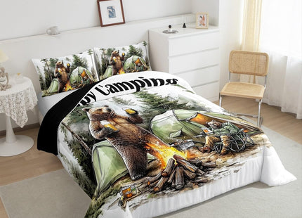 Erosebridal Happy Camping Queen Comforter Set,RV Camper Bedding Sets for Travel Trailer Bunk,Forest Bear Quilt Bed Set for Kids Adults,Rustic Farmhouse Bedroom Decor,2 Pillowcases All Season