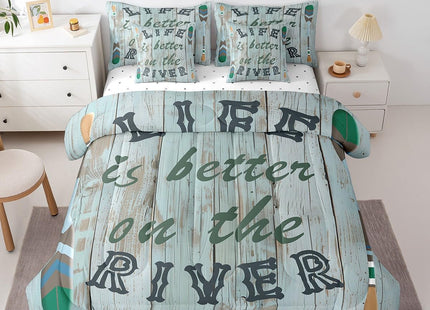 Castle Fairy Lake Life Kids Comforter Set 7 Piece Queen Size,Life is Better On The River Theme Reversible Quilt Set,Paddle Print Rustic Wooden Board Bedding Set with Comforter,Sheet,Pillowcase