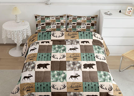 Rustic Patchwork Comforter Set,Bear Moose Bedding Set Queen For Kids Boys