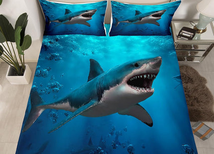3D Shark Fitted Sheet Twin Size,Underwater World Bedding Set 2Pcs,Ocean Animals Bed Sheet for Kids Boys Girls Adult Bedroom Decor Sea Blue Gradient Deep Pocket Sheet,1 Pillowcase