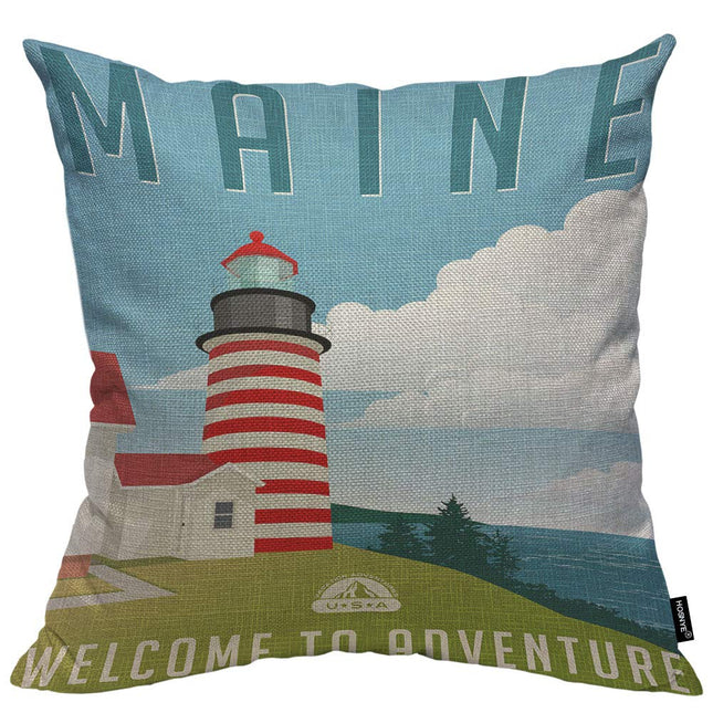 HOSNYE Maine Lighthouse Cotton Linen Throw Pillow Case Retro Style Travel United States Pillow Cushion Covers Home Sofa Decorative 18 X 18 Inch