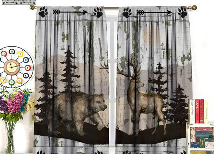 Rustic Farmhouse Curtains, Retro Wooden Barn Door Wood Board Cabin Wild Animals Bear Deer Vintage Farm Country Print Blackout Window Drapes for Kitchen Living Room Bedroom 42x45 Inch