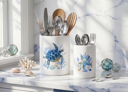 Bokon 2 Pack Ceramic Utensil Holder, Coastal Kitchen Crocks, Sea Turtle