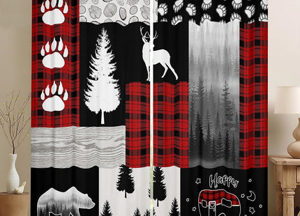 Erosebridal Hunting Deer Bear Curtains,Red Black Checkered Plaid Curtains & Drapes,Rustic Cabin Country Decor for Bedroom Living Room,RV Camper Camping Window Treatments 2 Panels,42 x 84 Inch