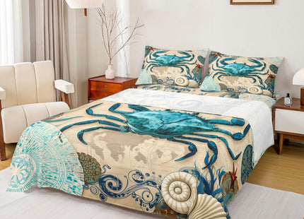 Beach Theme Bedding Set Kids Beach Crabs Print Twin 3 Piece Sheet Set 3D Crab Luxury Microfiber Bed Sheets Set (1 Fitted Sheet, 1 Flat Sheet, 1 Pillowcase)Soft Cute Marine Life Decorative Bedding