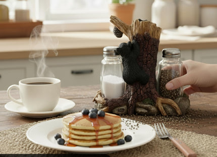 Pine Ridge Bear Salt And Pepper Shaker - Two Glass Shakers, Bear In Tree Holder Caddy For Spices And Seasonings, For Kitchen, Dining Or Table Décor