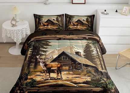 Erosebridal Retro Deer Comforter Set Lodge Cabin Country Bedding Sets Queen Rustic Farmhouse Wildlife Down Comforter for Kids Boys Adults Men,Woodland Hunting Animal Quilt Duvet 3 Pcs