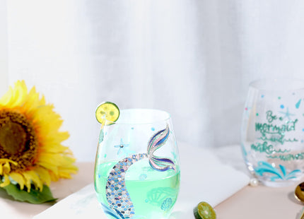 NymphFable Mermaid Set of 2 Hand-Painted Stemless Wine Glasses, 18 oz