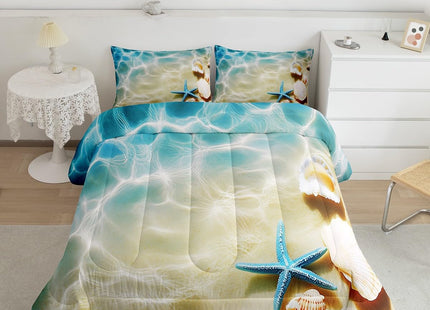Ocean Comforter Set Twin Beach Bedding Set Coastal Nature Theme Teal Duvet Set Boys Girls Hawaiian Quilt Sets Sea Wave Animals Shell Starfish Reversible Comforter Set 1 Pillowcase, Blue Room Decor