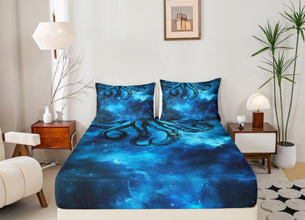 Octopus Sheet Set Twin Size Sealife Dark Blue Starry Sky Bed Sheet Set 3pcs with Deep Pocket Fitted Sheet + Flat Sheet + 1 Pillowcase Ocean Animal Abstract Soft Bedding Set for Kids Teens Room Decor