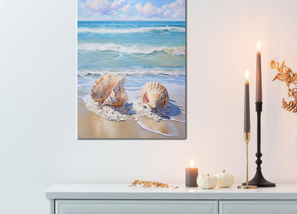 daktenn Beach Picture Decor Ocean Painting Canvas Wall Art Prints of Seashell on Sandy Seaside Coastal Seashell Conch Wall Art for Living Room Wall Decor Bathroom Wall Art 12"x16"