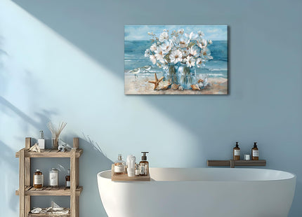 Blue Coastal Beach Bathroom Wall Art Seaside Seashell Starfish Painting Print Mason Jar White Daisies Canvas Picture Wall Decor Seascape Theme Flower Print Artwork for Living Room Bedroom 16x24"
