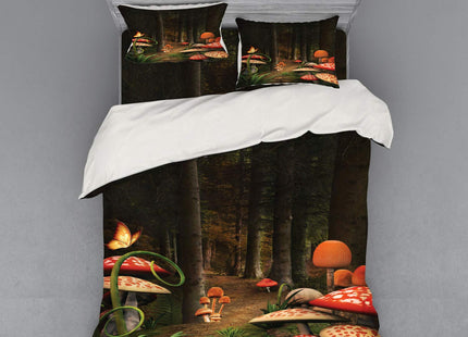 Ambesonne Mushroom Duvet Cover Set, Mushrooms in Deep Dark Forest Fantasy Nature Theme Earth Path Mystical, 4 Piece Bedding Set with Shams and Fitted Sheet, Queen Size, Pomegranate Green