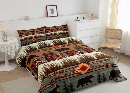 Feelyou Boho Comforter Set Toddler Size Bear Comforter for Boys Girls Teens Rustic Bedding Set Cabin Duvet Set Room Decor Olive Brown Quilt Set