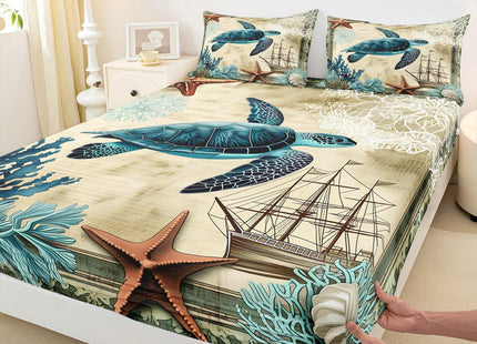 Erosebridal Ocean Beach Sea Turtle Sheet Set,Children Teens Retro Tortoise Bed Sheet Hawaiian Reptile Turtle Printed Bed Set with Fitted Flat Sheet,2 Pillowcases,Queen