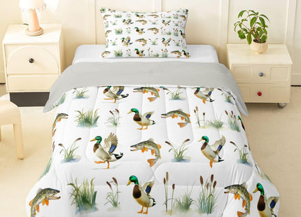 Erosebridal Mallard Duck Toddler Comforter Set Bass Fish Hunting Bedding Set for Kids Boys Girls Wild Duck Reed Woodland Comforter Pike Fish Waterfowl Duvet Insert