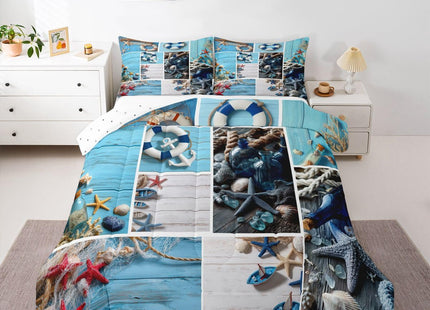 Erosebridal Nautical Theme Bedding Set,Seashell Conch Starfish Comforter Set Sea Ocean Animal Quilts Full,3D Beach Theme Patchwork Decor Duvet Set Coastal Lodge Cabin Soft Cozy Down Comforter,3Pcs
