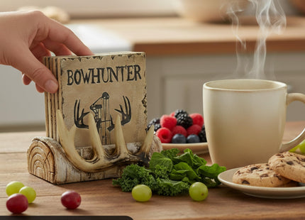 Pine Ridge Home Antler Wood Log Coaster Set with Holder - Bow Hunter Country Absorbent Coaster - Cabin Lodge Home Decor for Hunter Men - Man Cave Coasters Rustic Wood Decor Accent