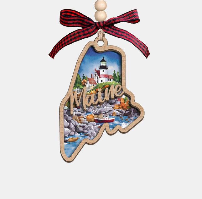 Maine State Christmas Wooden Ornament - 2-Layer Laser-Cut Wooden Keepsake - Rustic Holiday Decor & Ideal Travel Gift for Women Men Family & Friends - Maine Locals Gift