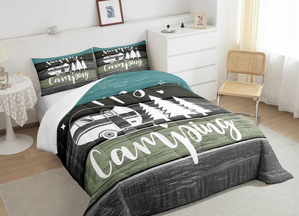 Castle Fairy Kids Camping Twin Size Comforter Set,Pine Tree Drawing Design Duvet Set Soft Bed Collection,Rustic Farmhouse Style Bedding Comforter for Boys Girls Bedroom,2 Pcs