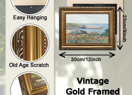 KBKBART Vintage Gold Framed Canvas Wall Art Coastal Wildflower Paintings