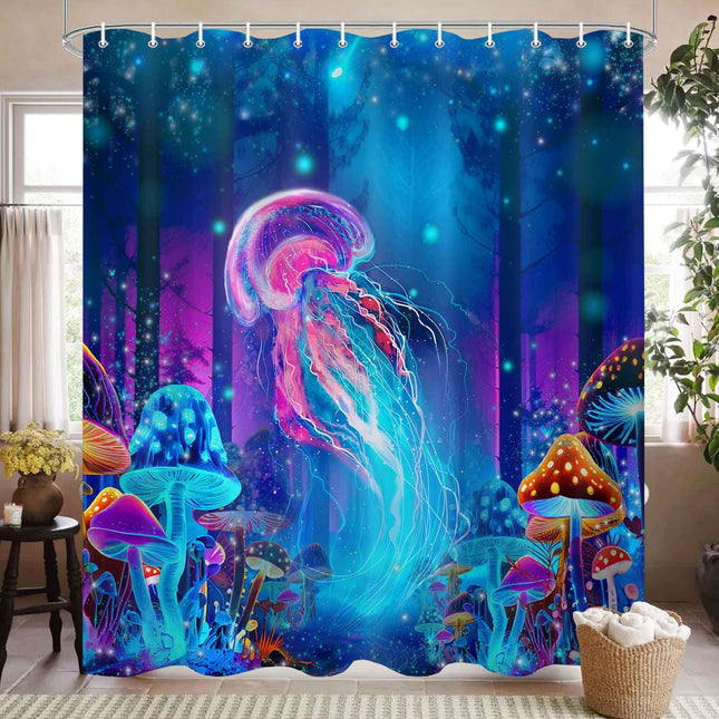 MCKTOM Cool Nautical Jellyfish Shower Curtain, Fantasy Mushroom Forest Bathroom Decor, Cute Colorful Shower Curtains Polyester Fabric 72"×72"