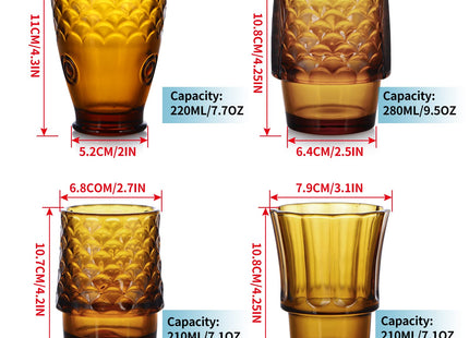 MDLUU Fish Design Tumbler Glasses, Stackable Drinking Glasses, Colored Glass Beverage Cups, Nautical Glassware for Gift, Set of 4 (Amber)