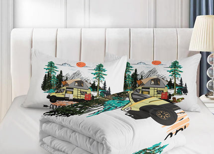 HOSIMA Kids Camper Bedding Set Twin Size,Farmhouse Rustic Happy Camping Comforter for Girls Boys,Sunset Forest Takayama Aesthetic Bedding,Outdoor Camping Themed Comforter Set with 2 Pillowcases.