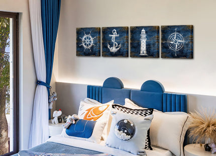 KLVOS Nautical Canvas Wall Art Navy Blue Boat Anchor Paintings Helm Drawing Compass Lighthouse Rustic Style Beach Home Decor Ready to Hang for Bathroom Living Room 12x12 Inchx4 Panels
