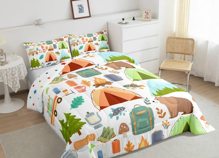 Cute Camper Car Comforter Set Full, Happy Camping Bedding Sets for Kids Girls Boys, Woodland Bear Hunting Theme Quilt Set, Camper Accessories Bedding, Travel Trailers Rv Decoration Down Comforter